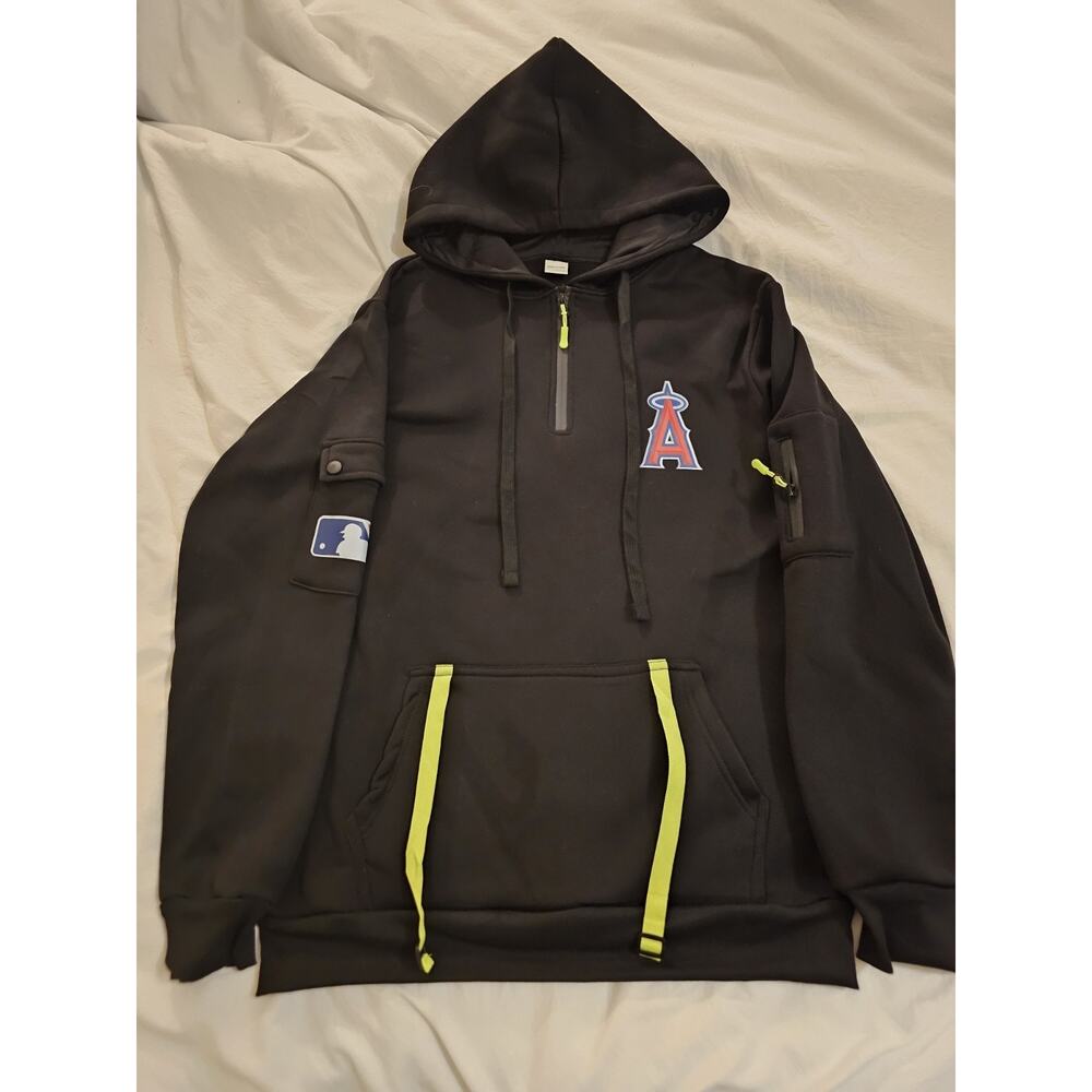 LA‎ Angels MLB Hoodie Mens Medium Black Pullover Neon Zip Pockets Logo